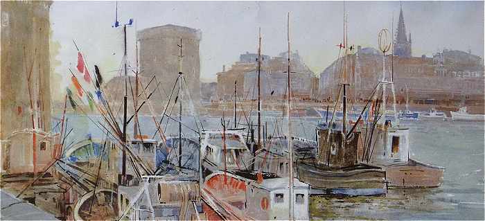 Aquarelle reprsentant le Vieux-port de La Rochelle