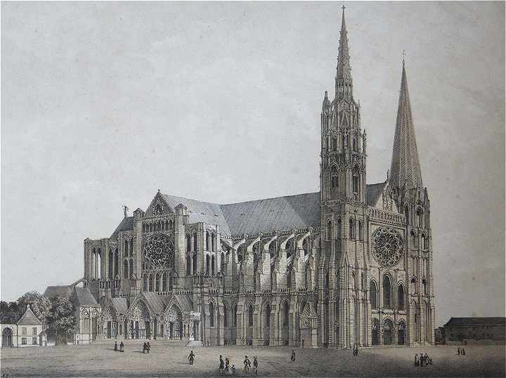 Lithographie du XIXme sicle prsentant une vue d'ensemble de la Cathedrale de Chartres (ct Nord)