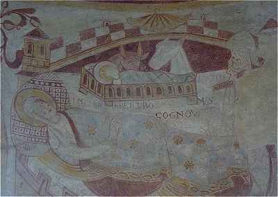 Fresque de la Nativit dans l'glise de Boussac-Bourg