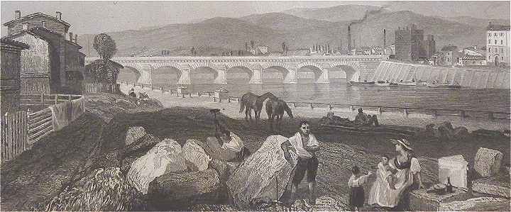 La Loire  Roanne avec le Pont de Pierre ouvert en 1854: gravure du XIXme sicle