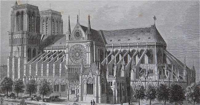 Gravure reprsentant Notre Dame de Paris au milieu du XIXme sicle