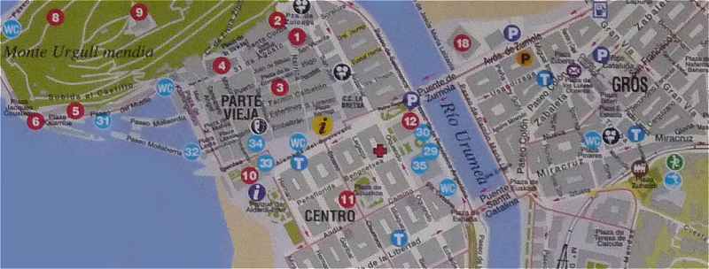 Plan du centre de  San Sebastian, le rio Urumea avec  droite le quartier Gros et  gauche les quartiers Parte Vieja (Vieille ville) et Centro