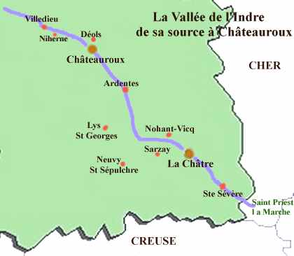 Carte de l'Indre de sa source  Chteauroux