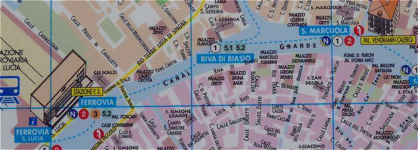 Venise: Plan du Grand Canal de Ferrovia (gare de chemins de fer) à San Marcuola