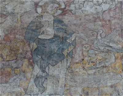 Peinture murale de la cathédrale de Cahors: Dieu créant les oiseaux, les poissons et les quadrupèdes