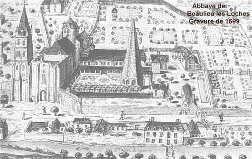 Gravure de 1699 représentant l'Abbaye de Beaulieu les Loches